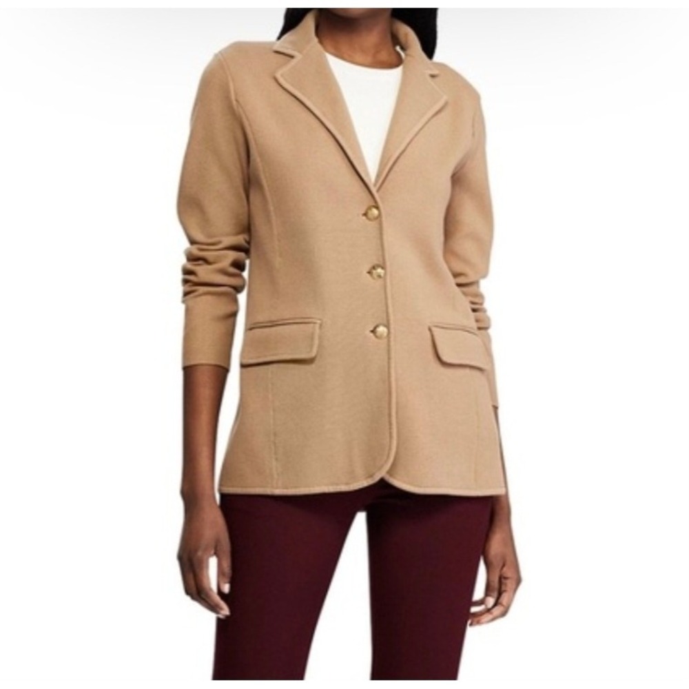 Lauren Ralph Lauren Tan Knit Blazer Gold Crest Button Jacket Women's Medium